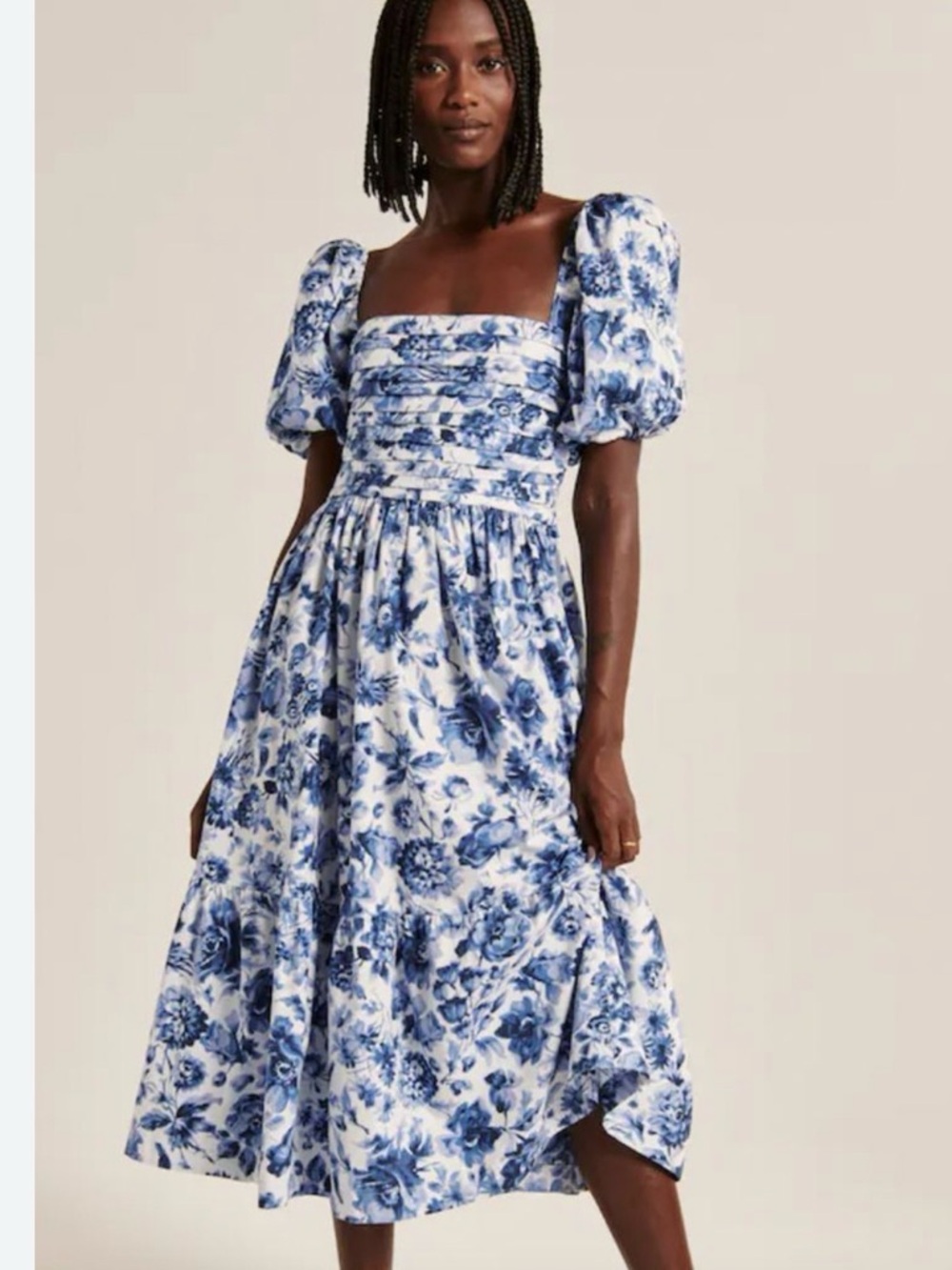 Abercrombie & Fitch Ruched Blue Floral Puff-Sleeve Midi Dress Size Large